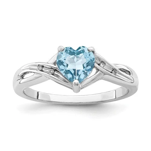 Ladies Rings for Engineer Glow-Sterling Silver Diamond & Light Swiss Blue Topaz Heart Ring