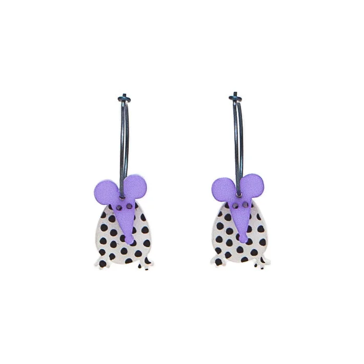 Ladies Earrings with Cream Howlite-Lene Lundberg K-Form White and Black Spotty Lilac Head Mice Earrings