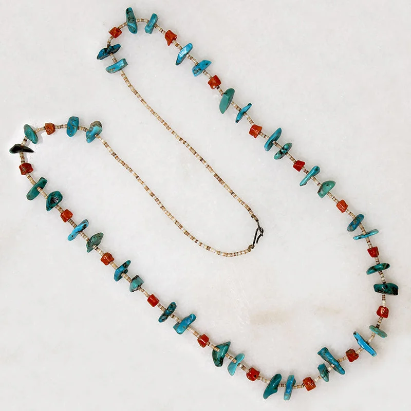 Birthday charm necklaces -Long Turquoise, Coral & Heishi Bead Necklace