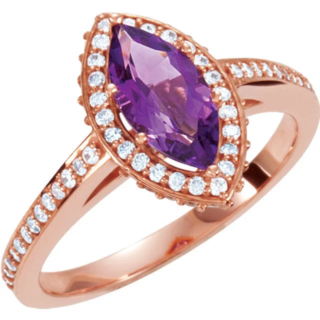 Ladies Rings with Bright Sunstone-14K Rose Gold Marquise Amethyst & 1/3 CTW Diamond Ring