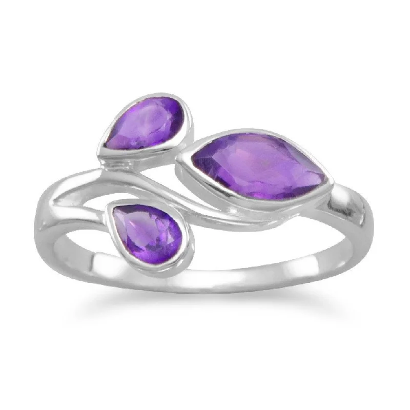 Ladies Rings with Clear Zircon-Sterling Silver Pear and Marquise Amethyst Ring