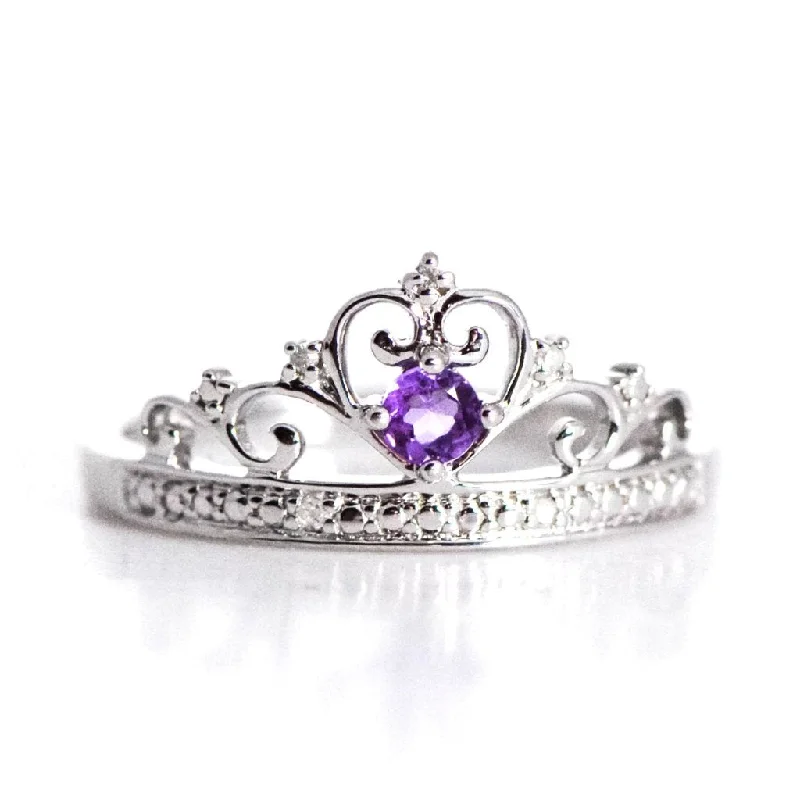 Ladies Rings with Angel Spark-Sterling Silver Genuine Amethyst and Diamond Princess Crown Ring