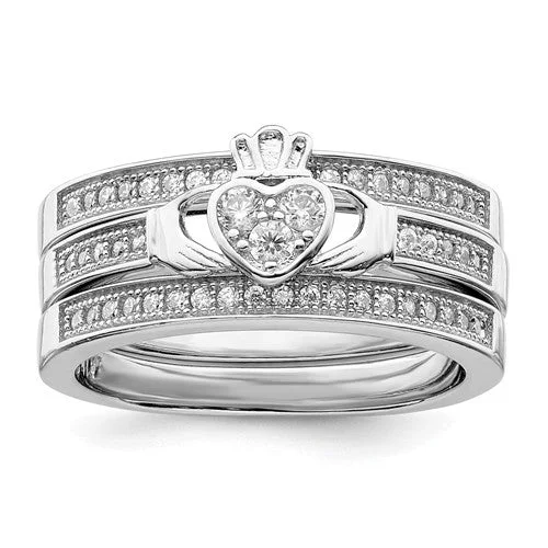 Ladies Rings Open Spark-Sterling Silver Claddagh Pave Trio Set Rings