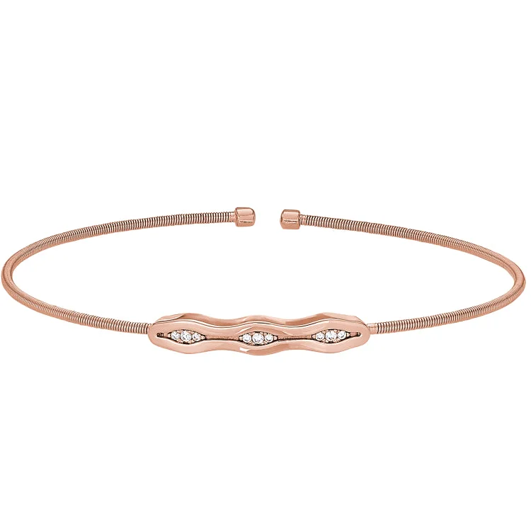 Ladies affordable chic bracelets -Rose Gold Finish Sterling Silver Cable Cuff Bracelet with Simulated Diamonds & Polished Finish