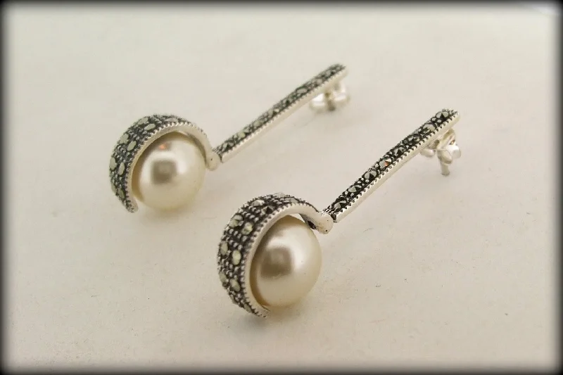 Ladies Earrings with Sea Aquamarine-Art Deco style pearl ball  Silver Marcasite Earrings