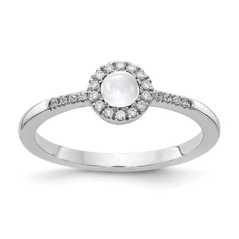 Ladies Rings for Girl Shine-14k White Gold Diamond Halo And White Topaz Chabochon Ring