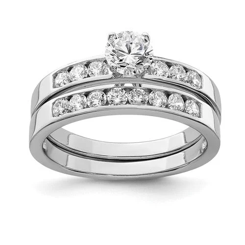 Ladies Engagement Rings with Howlite Shine-Sterling Silver CZ Round Two Piece Channel Set Wedding Rings Set