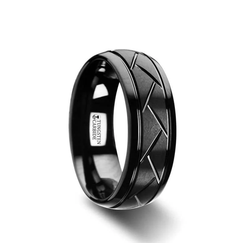 Ladies Rings for Niece Spark-Thorsten ENIGMA Domed Black Tungsten Ring with Brushed Cross Alternating Diagonal Cuts Pattern - 8mm