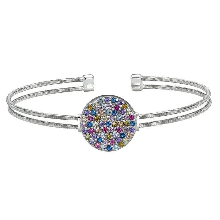 Ladies rural charm bracelets -Rhodium Finish Sterling Silver Two Cable Cuff Confetti Bracelet with Multi Colored Simulated Diamonds