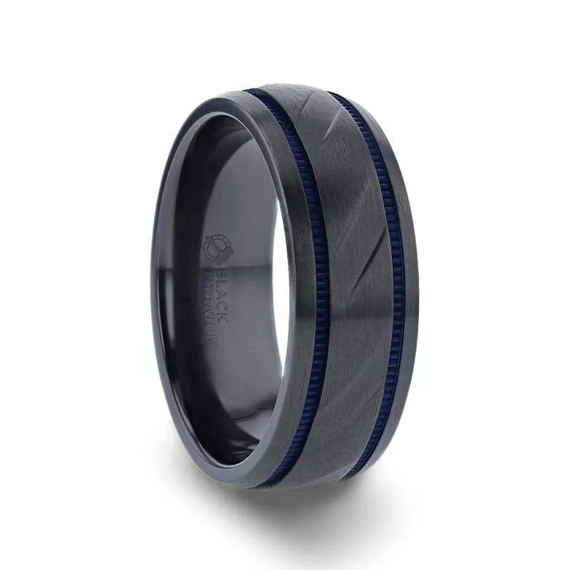 Ladies Engagement Rings Radiant Glow-Thorsten PATROL Black Titanium Carved Diagonal Pattern Brushed Finish Men’s Wedding Ring with Blue Milgrain Grooves – 8mm