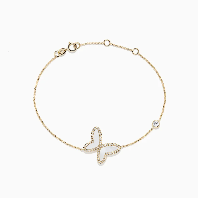 Ladies substantial heavy bracelets -Nature 14K Gold Mother of Pearl & Diamond Butterfly Bracelet, 0.03 TCW