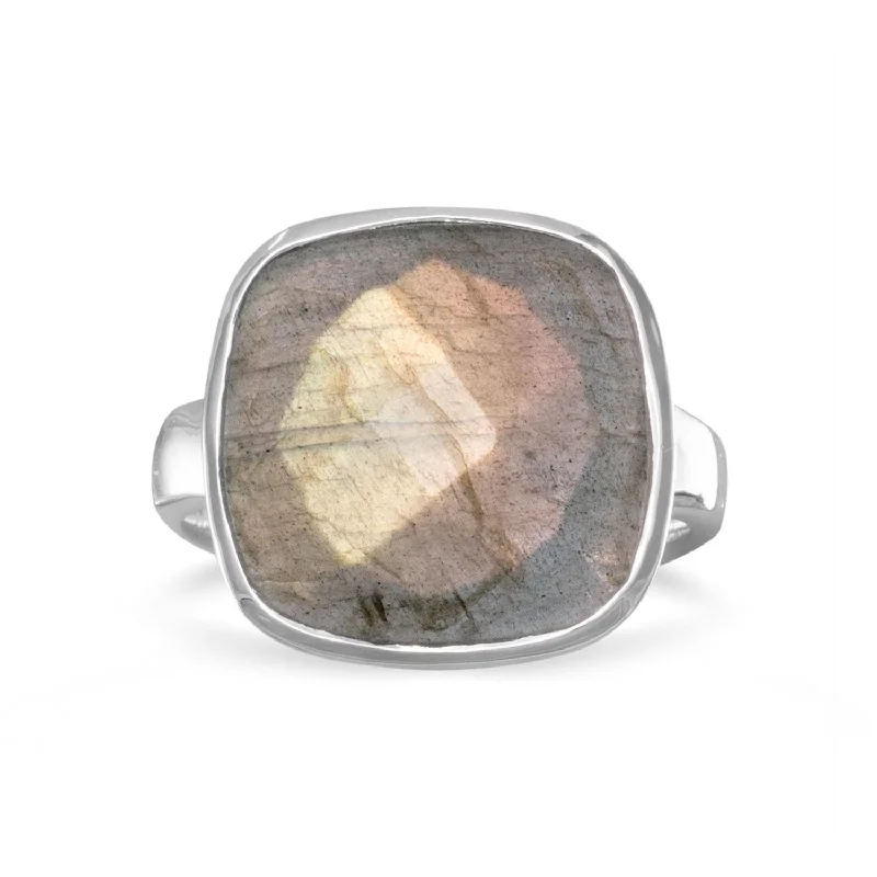 Ladies Rings with Nebula Shine-Sterling Silver Large Checkerboard Faceted Cushion Cut Labradorite Ring