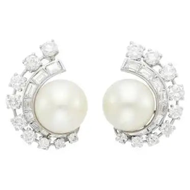 Ladies Earrings Trendy Spark-Estate Pearl and Diamond Earring in Platinum circa 1950s, 2.00 Carats