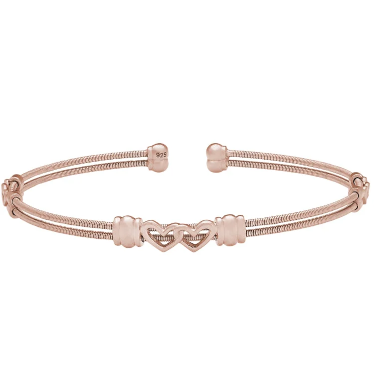 Ladies woodland whisper bracelets -Rose Gold Finish Sterling Silver Two Cable Cuff Bracelet with Two Linked Hearts