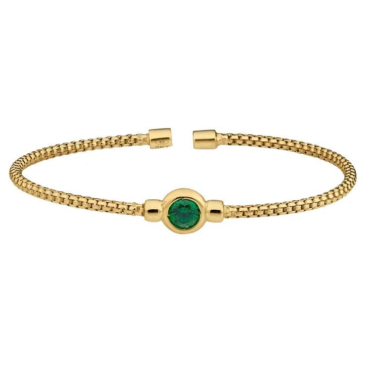 Ladies inspiring gleam bracelets -Gold Finish Sterling Silver Rounded Box Link Cuff Bracelet with Bezel Set Simulated Emerald Birth Gem