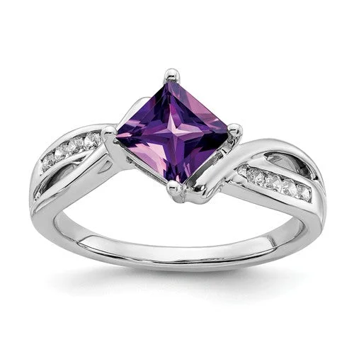 Ladies Rings with Heart Shine-14k White Gold Amethyst Square and Diamond Ring