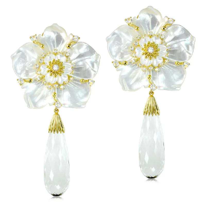 Ladies Earrings Multi Glow-Blossom Convertible Earrings with Quartz & Carved Mother Of Pearl