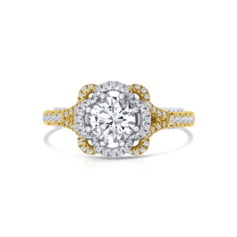 Ladies Engagement Rings Minimal Shine-18K Two Tone Round 1.13 Carat Diamond Halo Engagement Ring