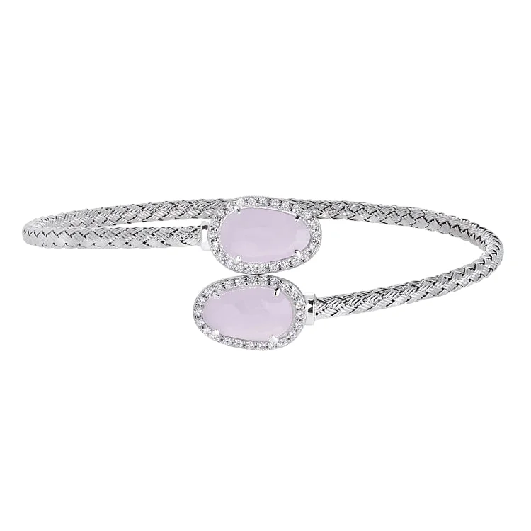 Ladies rose petal bracelets -Rhodium Finish Sterling Silver Basketweave Cable Cuff  Bracelet with Simulated Diamonds and a Pink Stone on Each End