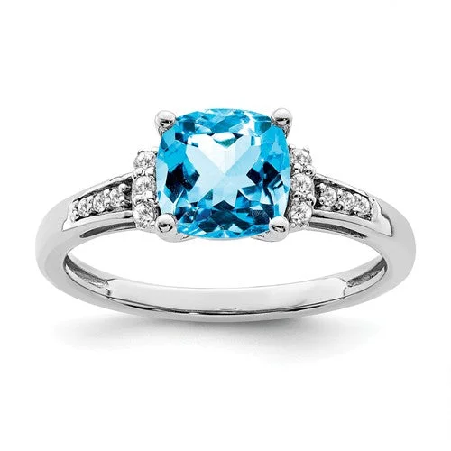 Ladies Rings Wave Spark-14k White Gold Swiss Blue Topaz Cushion and Diamond Ring