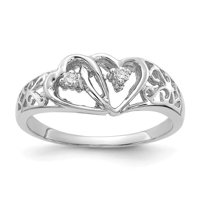 Ladies Rings with Clear Natrolite-14k White Gold VS Diamond 2 Stone Filigree Double Heart Ring