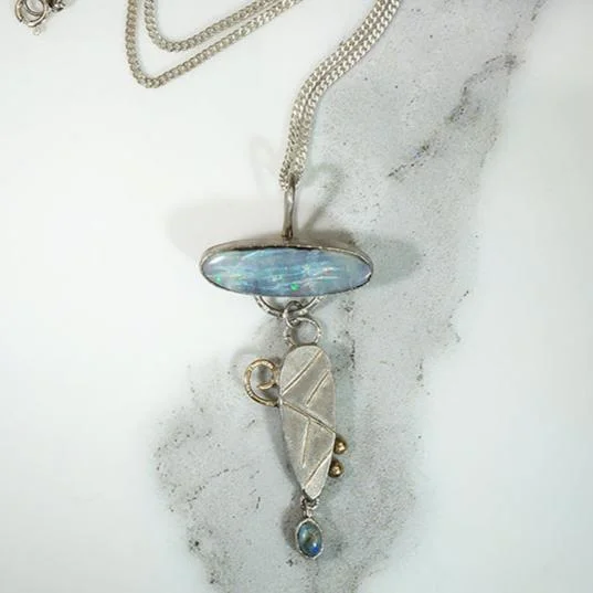 Enchanted glow necklaces -Sterling & Opal Necklace with Gold Accents Signed Bluejacket