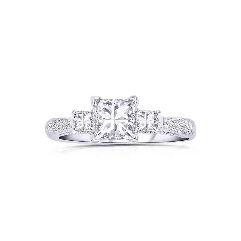 Ladies Engagement Rings Silver Spark-14K White Gold Three Princess-Cut Diamond Engagement Ring