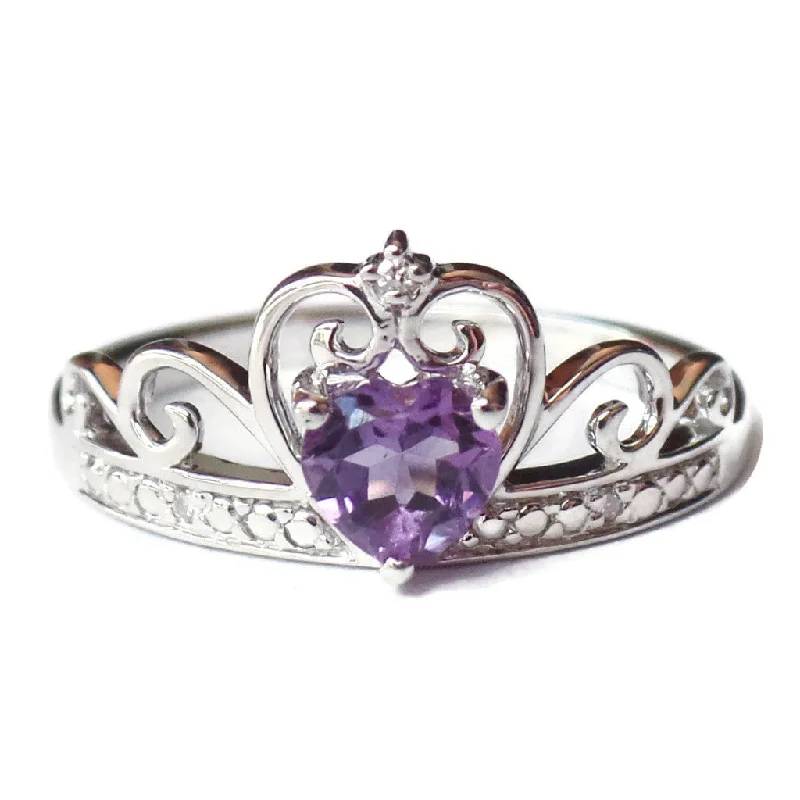 Ladies Rings for Engineer Glow-Sterling Silver Diamond And Heart Shaped Amethyst Crown Ring