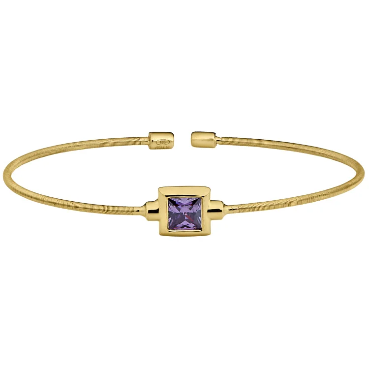 Ladies oval charm bracelets -Gold Finish Sterling Silver Cable Cuff Bracelet with Princess Cut Simulated Light Amethyst Birth Gem