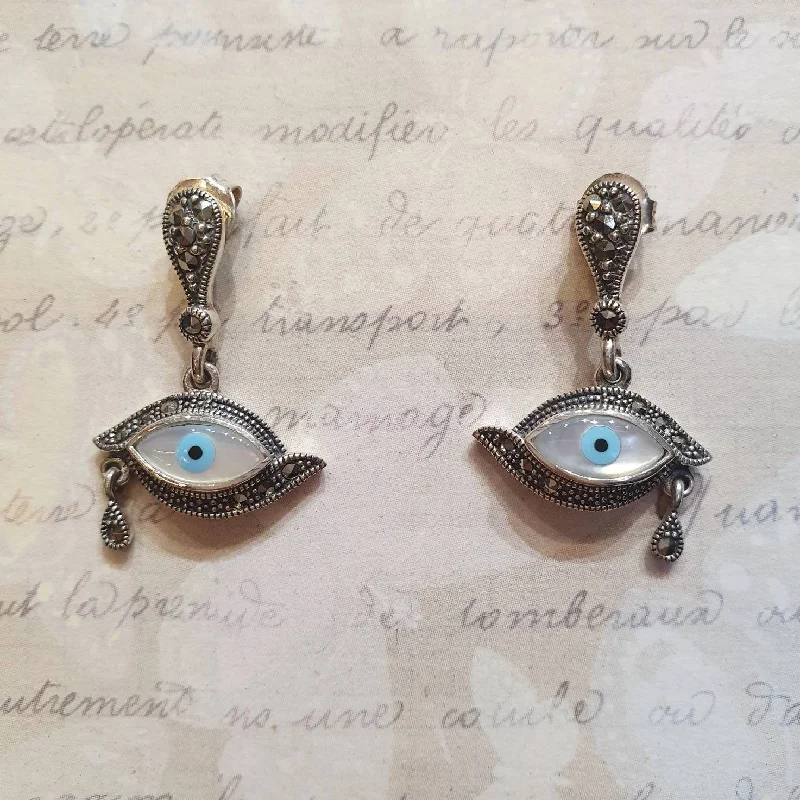 Ladies Earrings with Wing Shine-Eye Earrings Silver Marcasite Mother of Pearl Teardrop