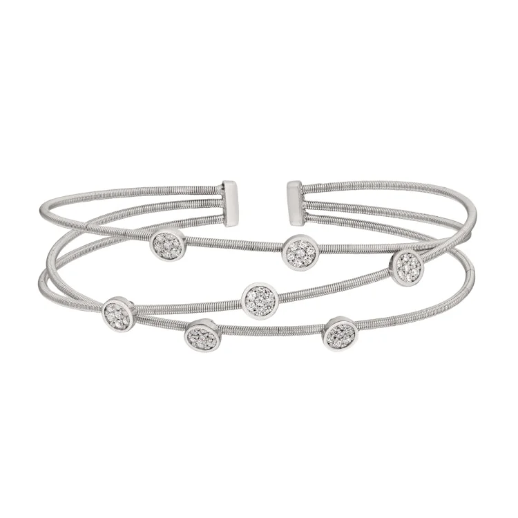 Ladies daring edge bracelets -Rhodium Finish Sterling Silver Three Cable Cuff Bracelet with Rhodium Finish Simulated Diamond Small Circles