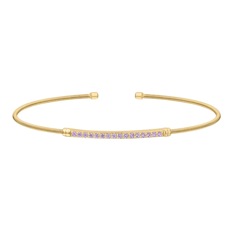 Ladies featherlight minimal bracelets -Gold Finish Sterling Silver Cable Cuff Bracelet with Simulated Light Amethyst Birth Gems - June