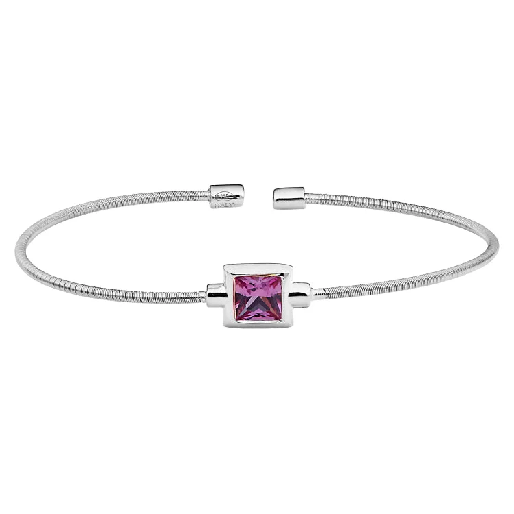 Ladies satin sheen bracelets -Rhodium Finish Sterling Silver Cable Cuff Bracelet with Princess Cut Simulated Ruby Birth Gem