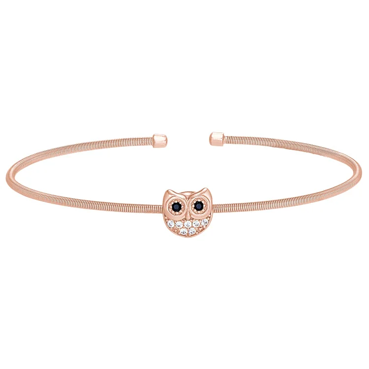 Ladies forest hush bracelets -Rose Gold Finish Sterling Silver Cable Cuff Owl Bracelet with Simulated Diamonds