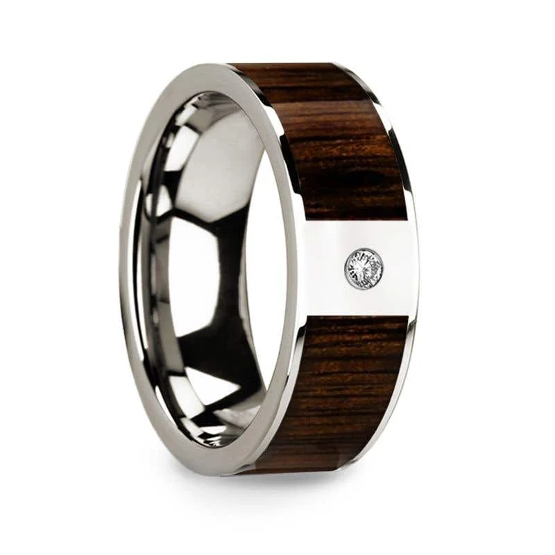 Ladies Engagement Rings with Lawsonite Shine-Thorsten 14k White Gold & Black Walnut Inlay Wedding Ring with Diamond - 8mm