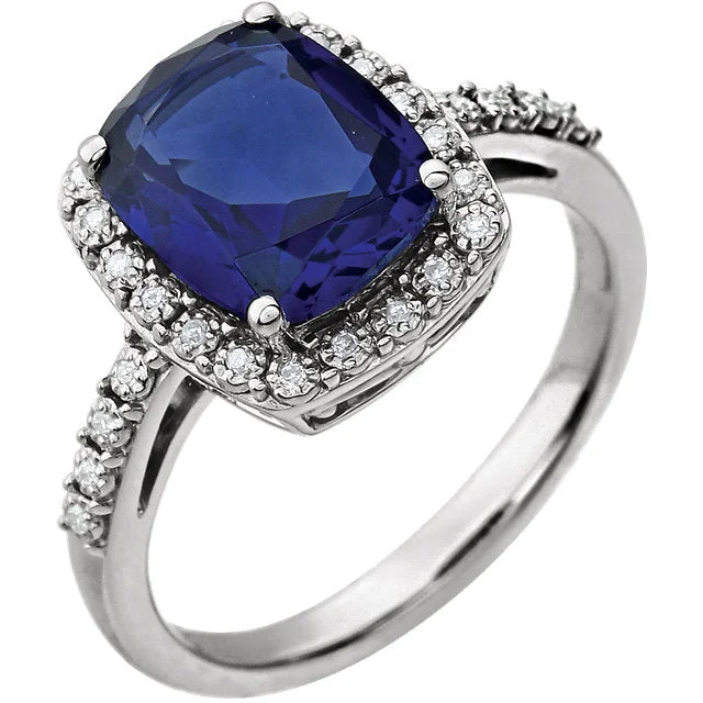 Ladies Rings for Student Shine-14k White Gold 10x8 Antique Cushion Created Blue Sapphire & Diamond Halo Ring