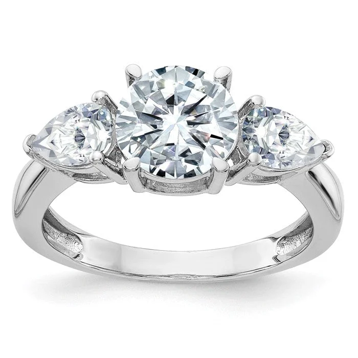 Ladies Engagement Rings with Vivianite Glow-14k White Gold 3-Stone Round and Pear Moissanite Engagement Ring