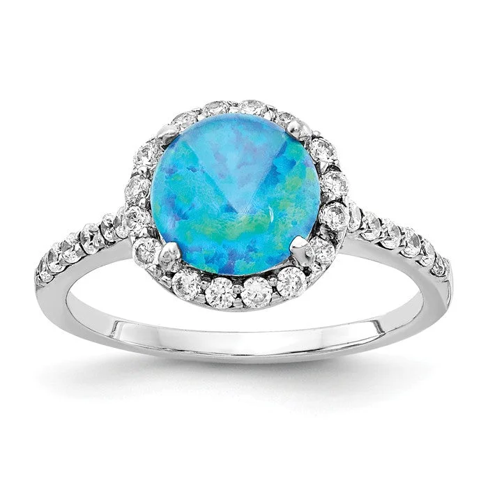 Ladies Rings with Triangle Spark-Cheryl M Sterling Silver Round Lab Created Blue Opal and CZ Halo Ring