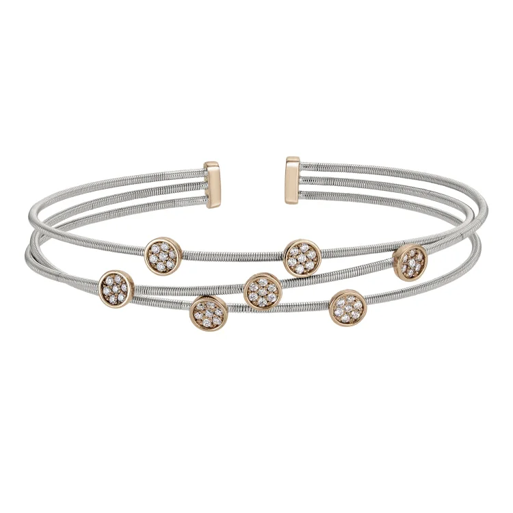 Ladies gala brilliance bracelets -Rhodium Finish Sterling Silver Three Cable Cuff Bracelet with Rose Gold Finish Simulated Diamond Small Circles