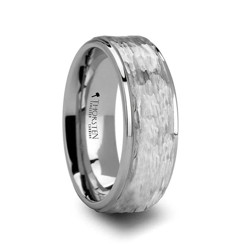 Ladies Rings for Student Shine-Thorsten WILSON White Tungsten Ring with Raised Hammered Finish and Polished Step Edges - 4mm - 10mm