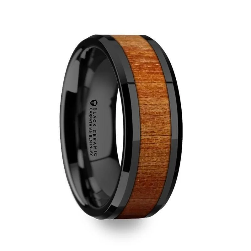 Ladies Rings for Travel Shine-Thorsten THRACIAN Carpathian Wood Inlaid Black Ceramic Ring w/ Bevels