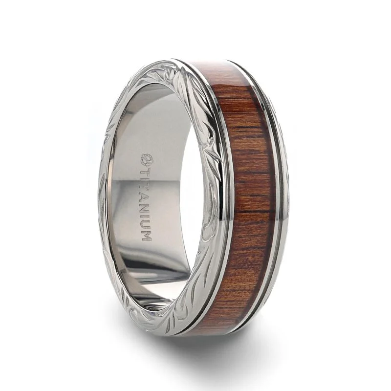 Ladies Engagement Rings with Labradorite Shine-Thorsten OHANA Koa Wood Inlaid Titanium Wedding Ring w/ Detailed Edges 6-10mm