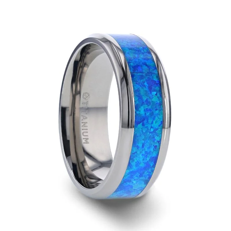 Ladies Rings with Plum Axinite-Thorsten GALAXY Titanium Polished Beveled Edge with Blue Green Opal Inlay Ring- 8 mm