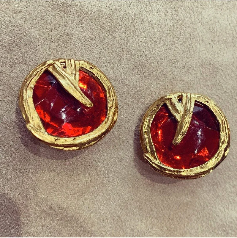 Ladies Earrings with Bright Sunstone-YSL Earrings Crystal Red and Gold Round Clip On