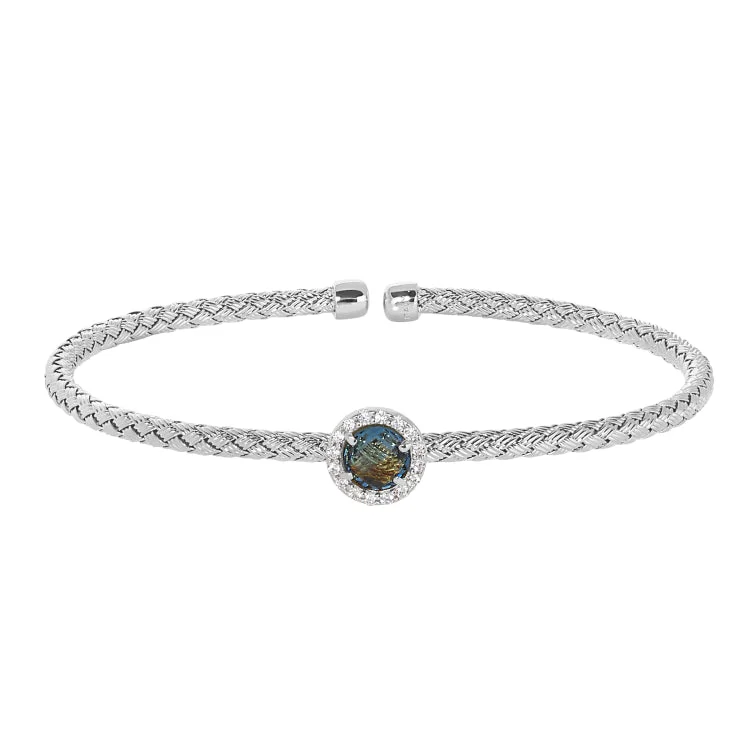 Ladies mythic lore bracelets -Rhodium Finish Sterling Silver Basketweave Cable Cuff  Bracelet with a Round Blue Stone and Simulated Diamonds