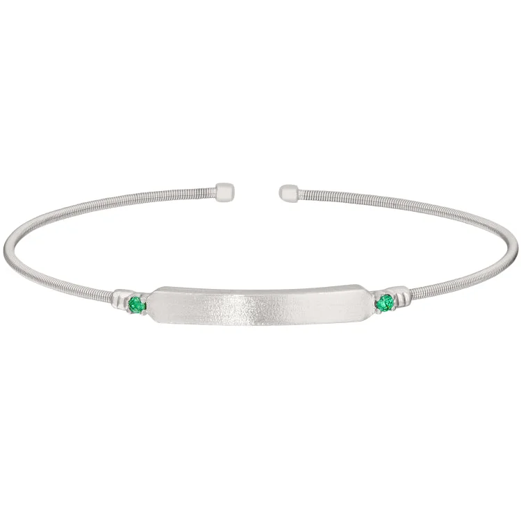 Ladies courageous heart bracelets -Rhodium Finish Sterling Silver Cable Cuff Bracelet with Name Plate and Simulated Emerald Birth Gems - May