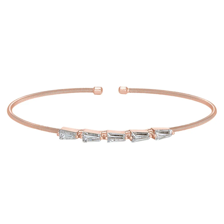 Ladies carefree boho bracelets -Rose Gold Finish Sterling Silver Cable Cuff 5 Tapered Baguettes Bracelet with Simulated Diamonds