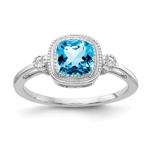 Ladies Rings with Mint Serpentine-14k White or Yellow Gold Bezel Set Swiss Blue Topaz Cushion and Diamond Ring