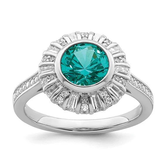 Ladies Rings with Pale Prehnite-Sterling Silver White and Teal CZ Halo Ring