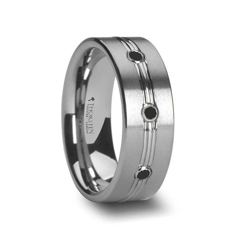 Ladies Rings with Key Shine-Thorsten ROYALE 3 Black Diamond Satin Finished Tungsten Ring Grooved Center and - 8mm